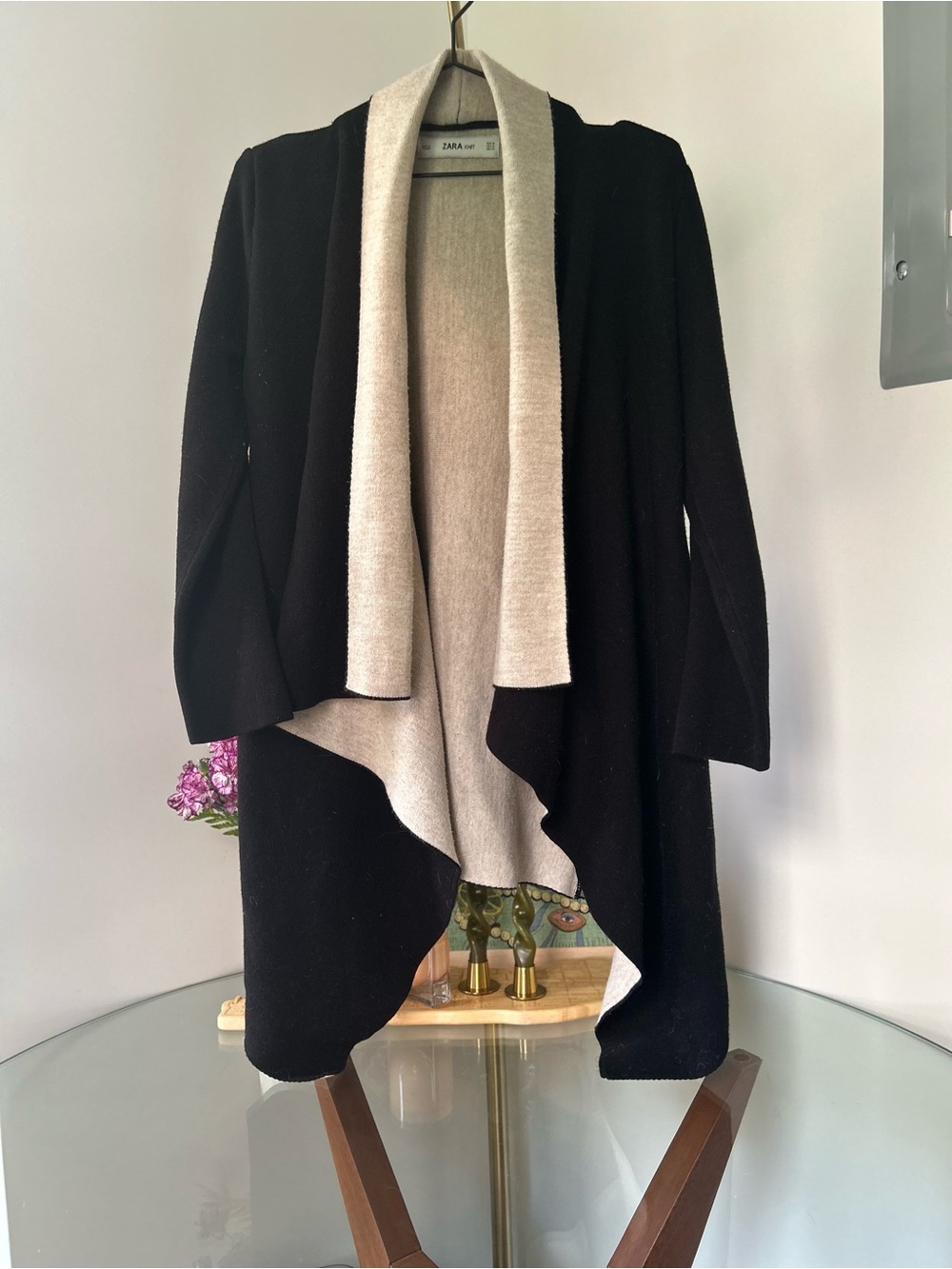 Zara Black & Cream Open-Front Waterfall Cardigan Sweater vintage